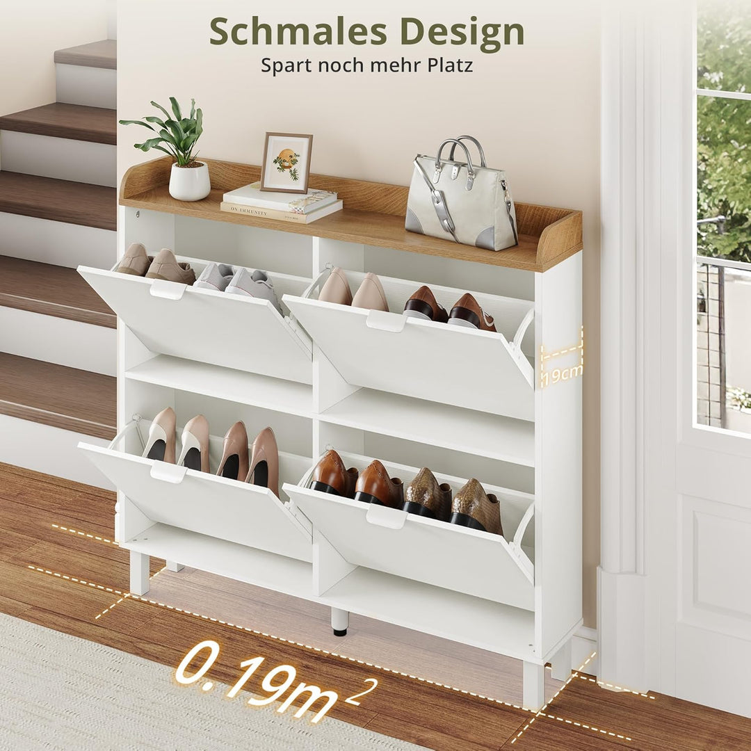 LUE BONA Schuhschrank schmal, Schuhschrank mit 4 Flip-Klappen, Schuhkipper mit Holzfüssen, Schuhrega