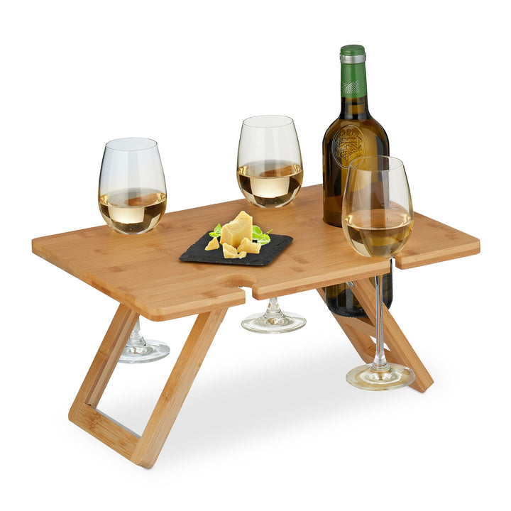 Relaxdays Picknick Weintisch, klappbar, HBT: 20x40x30 cm, Halterung 4 Weingläser & 1 Flasche, Bambus