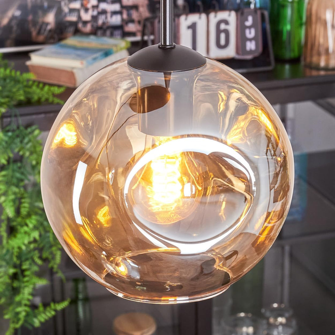 HOFSTEIN Hängeleuchte Ripoll, 3-flammige Hängelampe aus Metall/Glas in Schwarz/Bernsteinfarben, mode