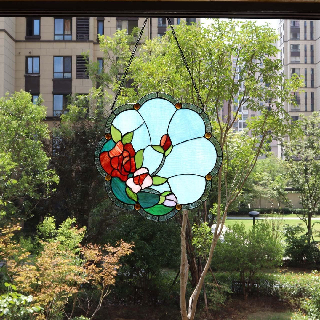 Bieye W10058 Fensterpaneel mit Rosen-Motiv im Tiffany-Stil, Buntglas, mit Kette, 40,6 cm breit