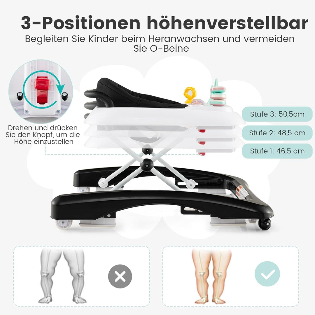 DREAMADE Baby Walker, Klappbare Lauflernhilfe mit 3 Verstellbaren Höhen, Abnehmbarer Spielplatte & S