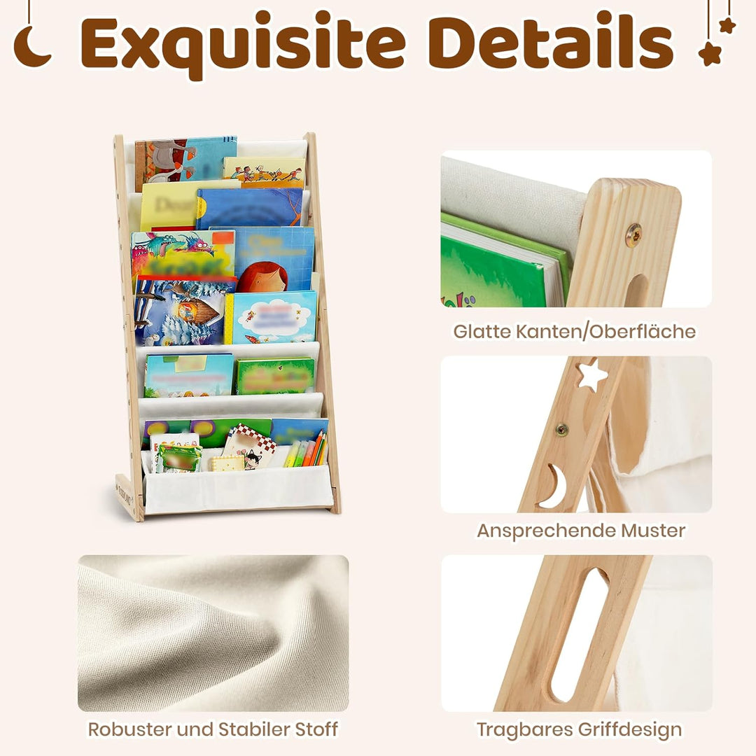 COSYLAND Montessori Bücherregal Kinder Holz - 45cm Montessori Regal mit 6 Oxford-Stoff Fächern - Kin