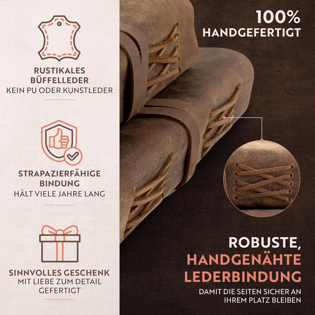 moonster Vintage Leder Notizbuch - 240 Seiten Holzfreies Baumwoll-Büttenpapier - Handgefertigtes Vin