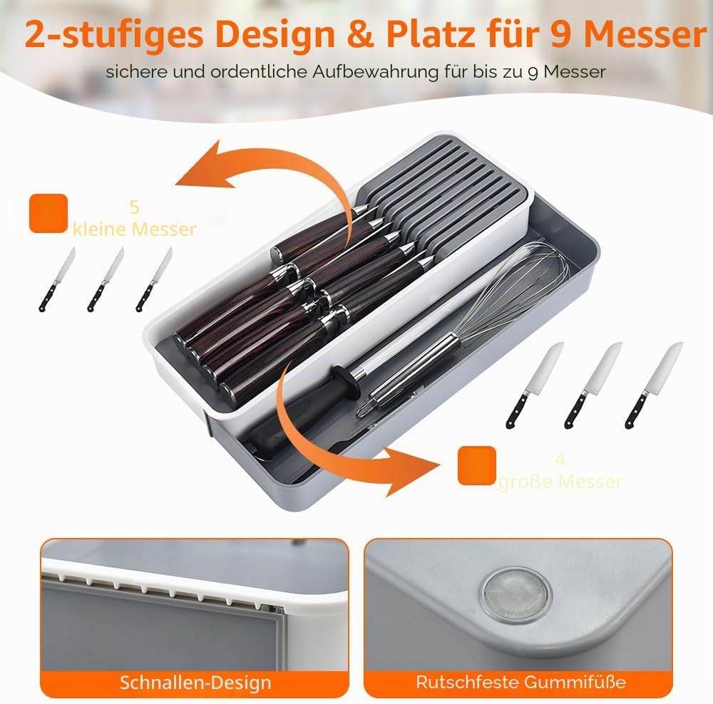 HEKOBAG Schubladen-Messer Organizer, Messerblock Schublade Küchen Messerhalter für 9 Messer, 14–22,5