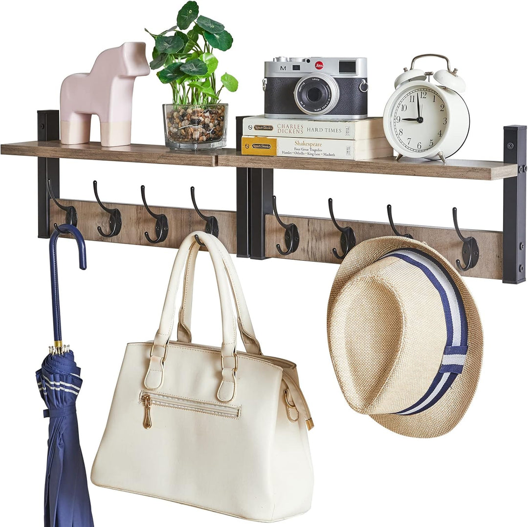 YMYNY Wandgarderoben mit Ablage, 2er Set Wandregal in einem Paket, Garderobenhaken mit 8 Doppelhaken