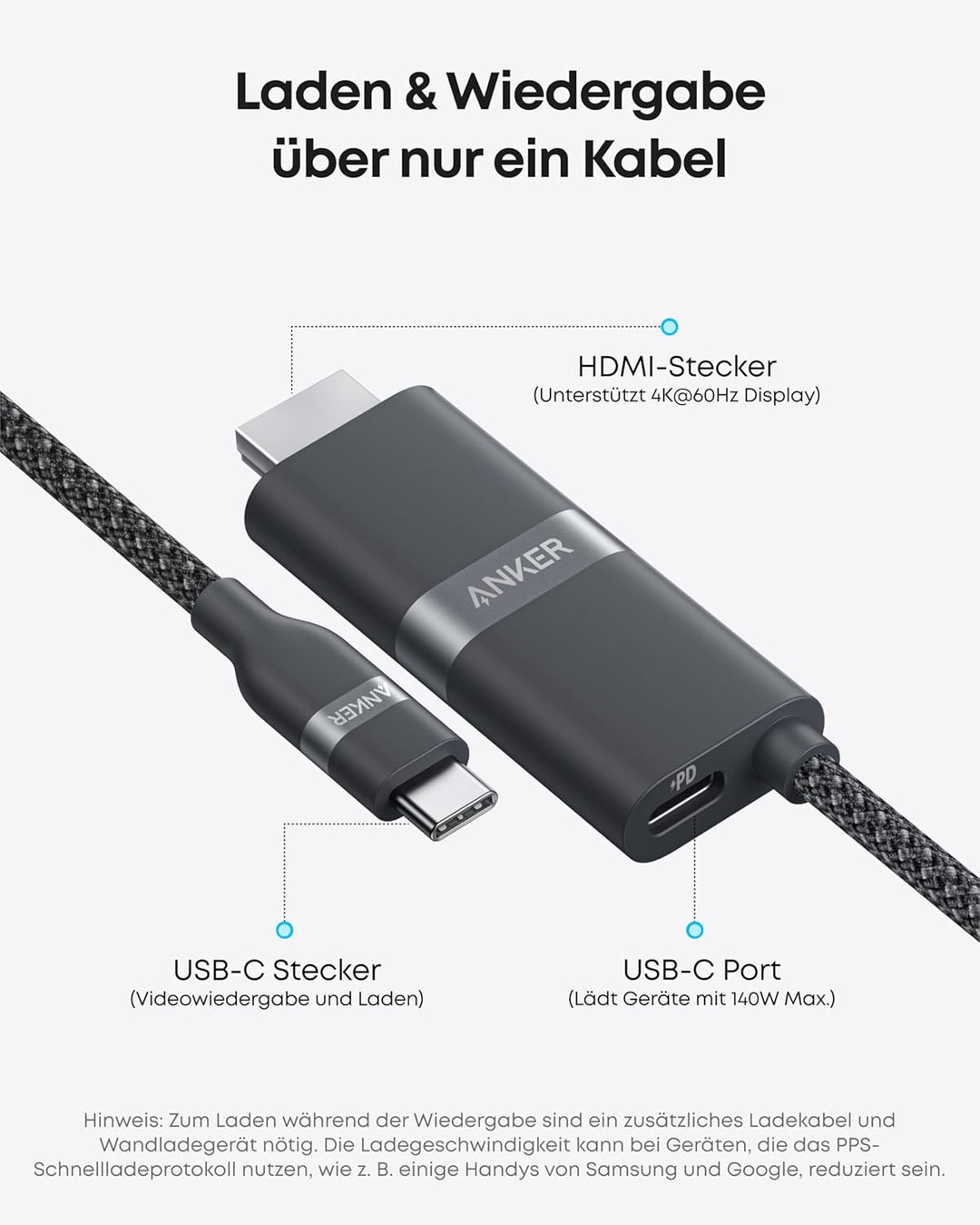 Anker Nano USB-C auf HDMI-Kabel Adapter mit 140W PD Schnelllade-Port, 4K@60Hz HDMI auf USB-C Kabel,