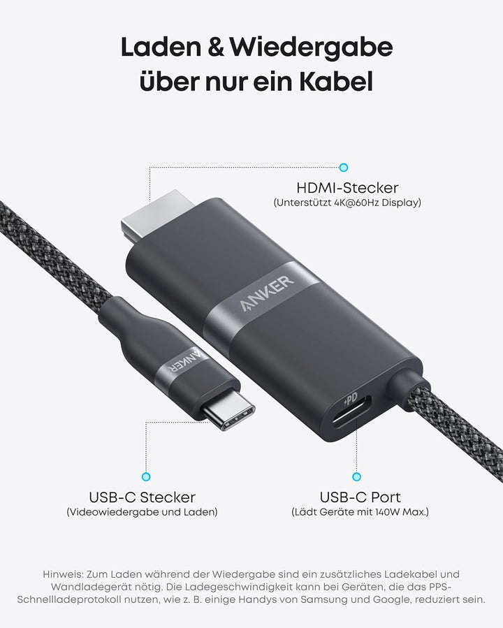 Anker Nano USB-C auf HDMI-Kabel Adapter mit 140W PD Schnelllade-Port, 4K@60Hz HDMI auf USB-C Kabel,
