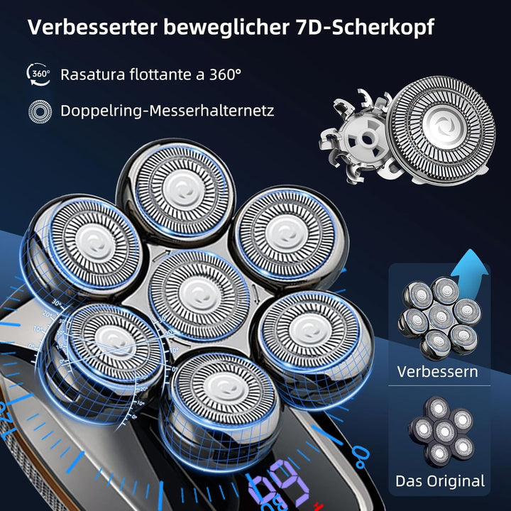 Rasierer Herren Elektrisch, 7 in 1 Elektrorasierer Herren mit 7 Rotierende Scherköpfe, IPX7 Wasserdi