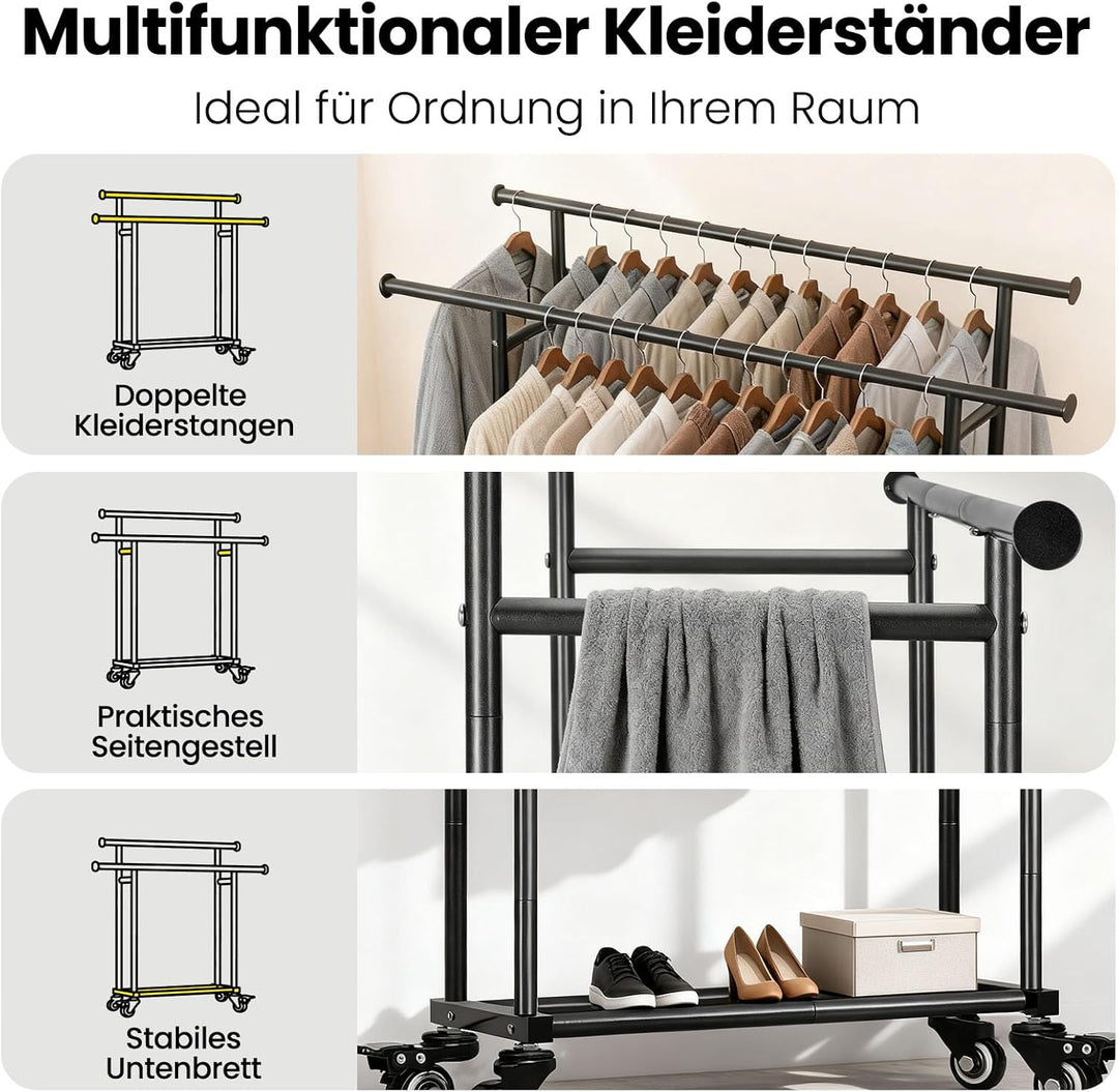 Sour Lemon Kleiderständer auf Rollen bis 95 kg Belastbar, Mobiler Garderobenständer mit Doppelstange