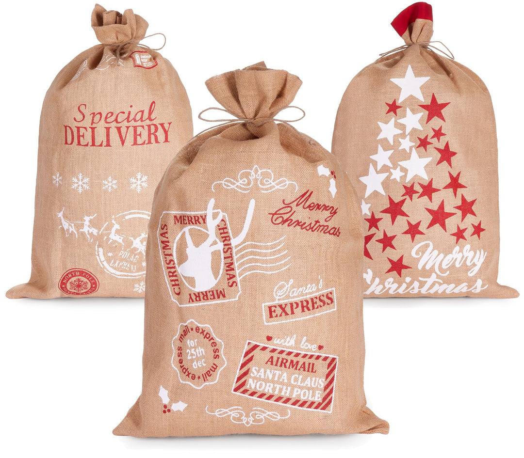 BRUBAKER 3er Set Weihnachtssack - 80 cm Geschenksack mit weihnachtlichen Motiven - Nikolausbeutel zu