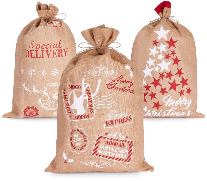 BRUBAKER 3er Set Weihnachtssack - 80 cm Geschenksack mit weihnachtlichen Motiven - Nikolausbeutel zu