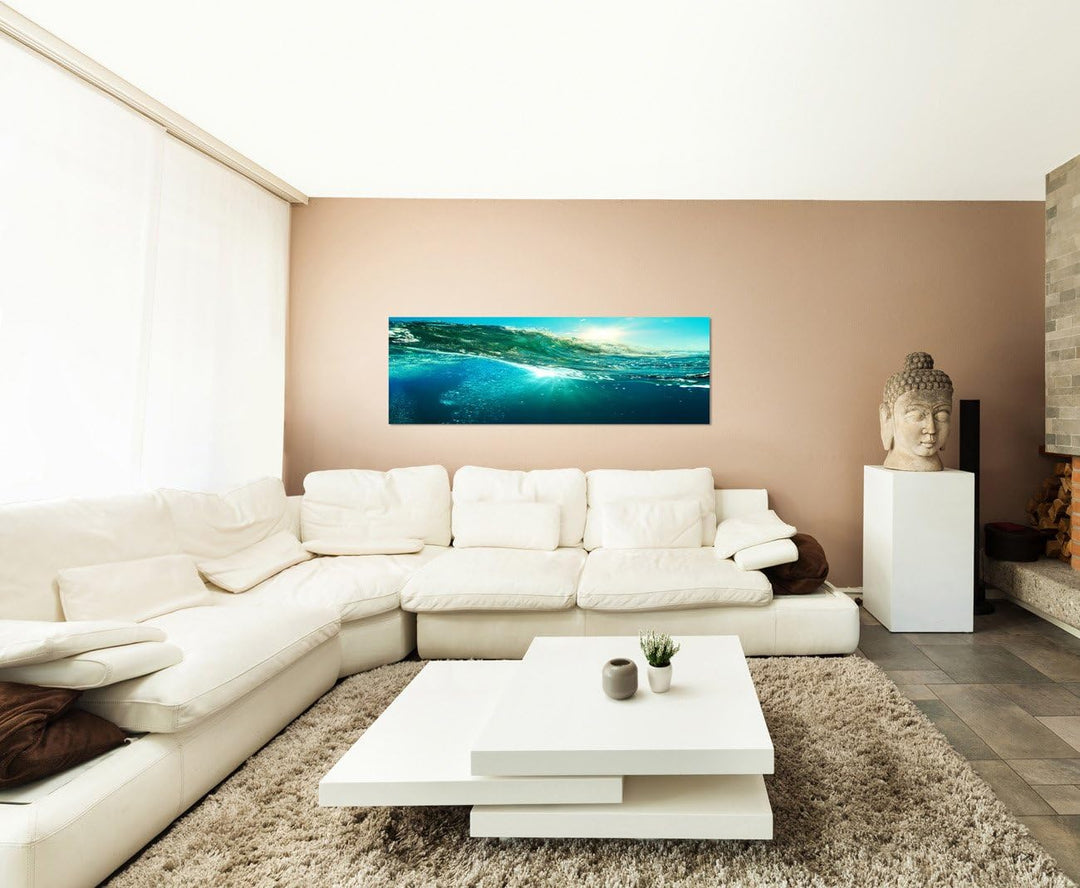 Paul Sinus Art Panoramabild auf Leinwand und Keilrahmen 120x40cm Meer Welle Unterwasser Sonnenunterg
