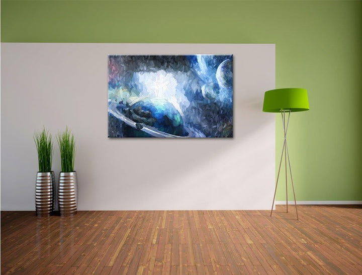 Pixxprint Planeten und Meteoriten im Weltraum Kunst Pinsel Effekt, Format: 100x70 auf Leinwand, 100x