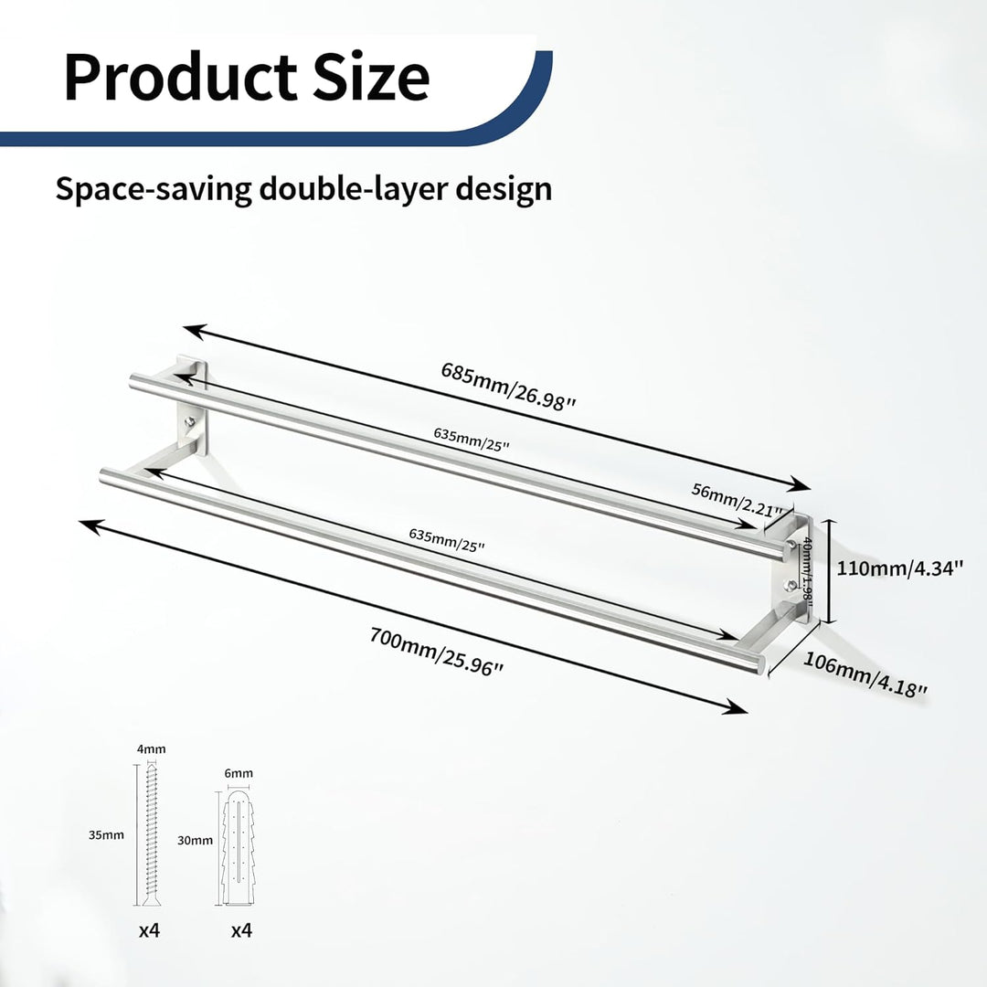 Gebürstet Handtuchhalter Wand, 70 cm doppelter Handtuchständer, Handtuchhalter aus Edelstahl SUS304,