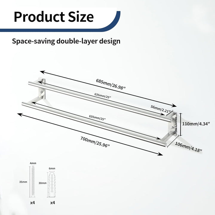 Gebürstet Handtuchhalter Wand, 70 cm doppelter Handtuchständer, Handtuchhalter aus Edelstahl SUS304,