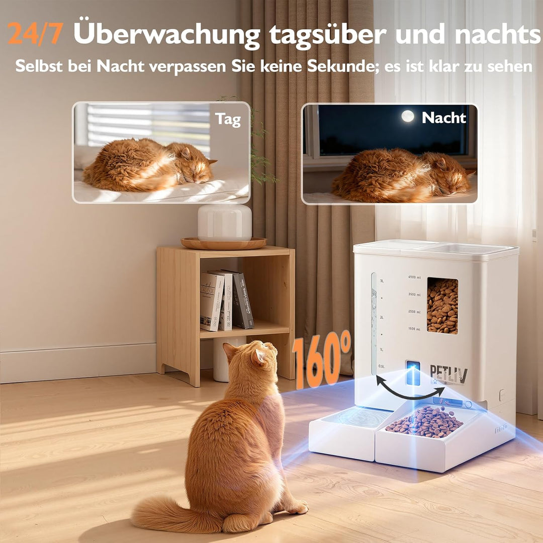 Futterautomat Katze 2 Näpfe mit APP,2K-Kamera 5L Katzenfutter Automat mit 5G/2,4G WiFi,Zwei-Wege-Aud