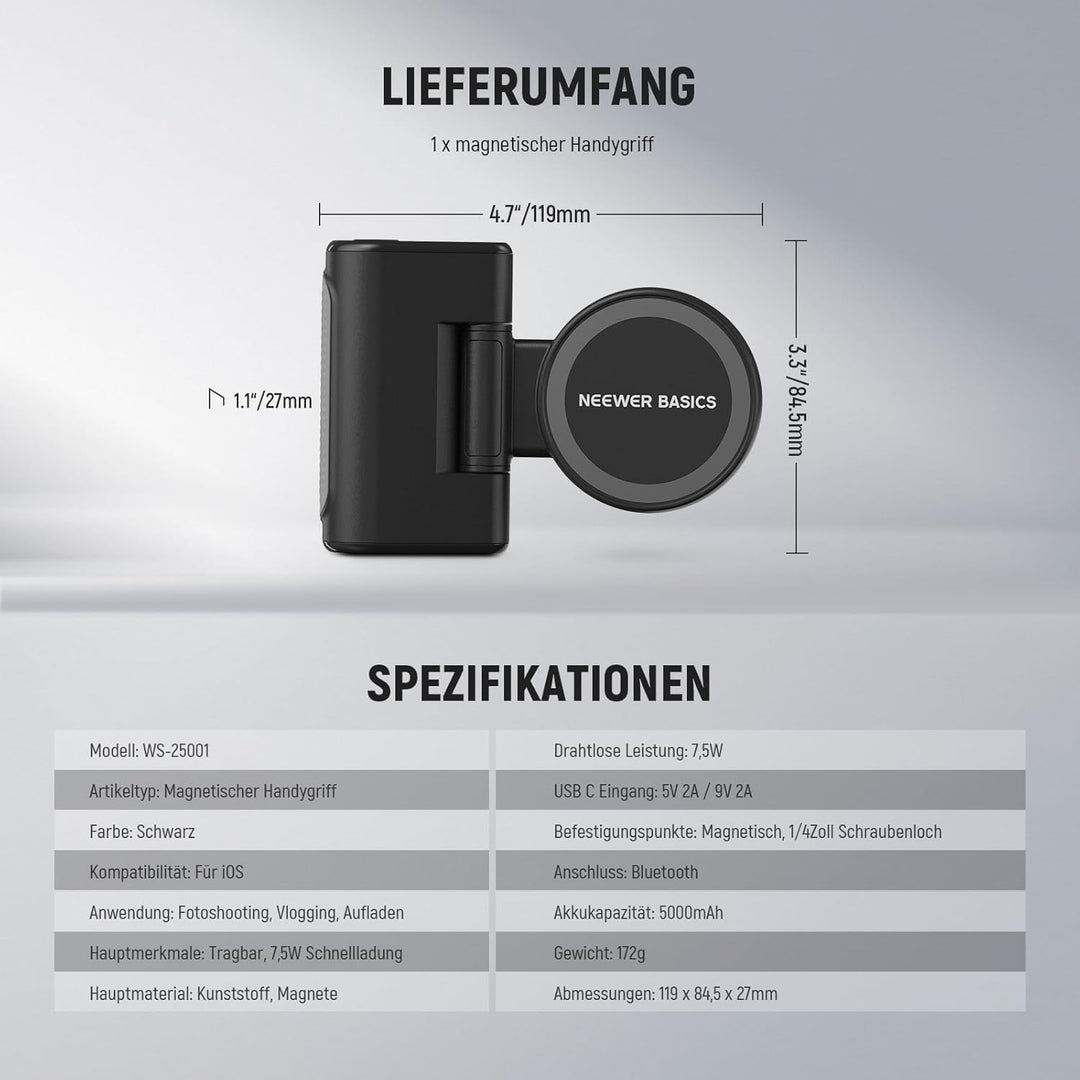 NEEWER Basics Magnetischer Smartphone Grip, Handy Kameragriff mit Fernauslöser, nur kompatibel mit M
