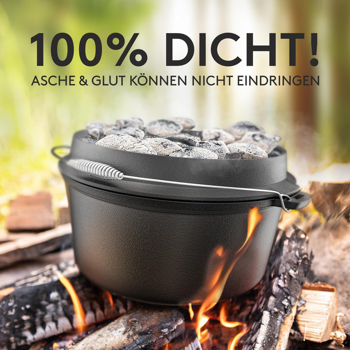 BBQ Dutch Oven [Das Original] - Dutch Oven Set 7 Liter – Eingebrannter Feuertopf aus Gusseisen Decke