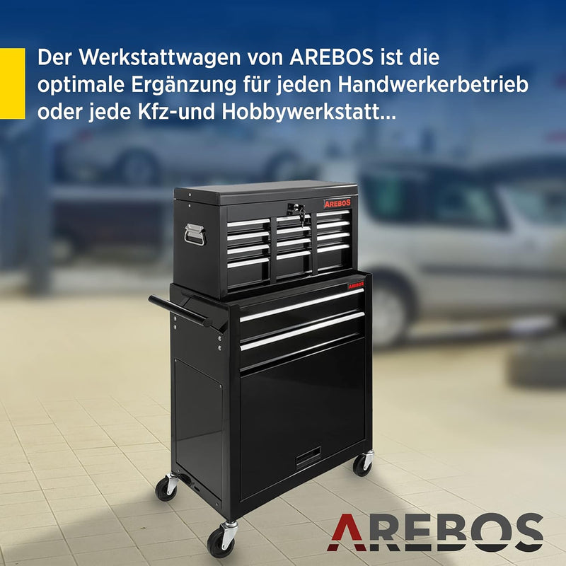 Arebos Werkstattwagen 9 Fächer | inkl. Antirutschmatten | Kofferaufsatz mobil & herausnehmbar | zent