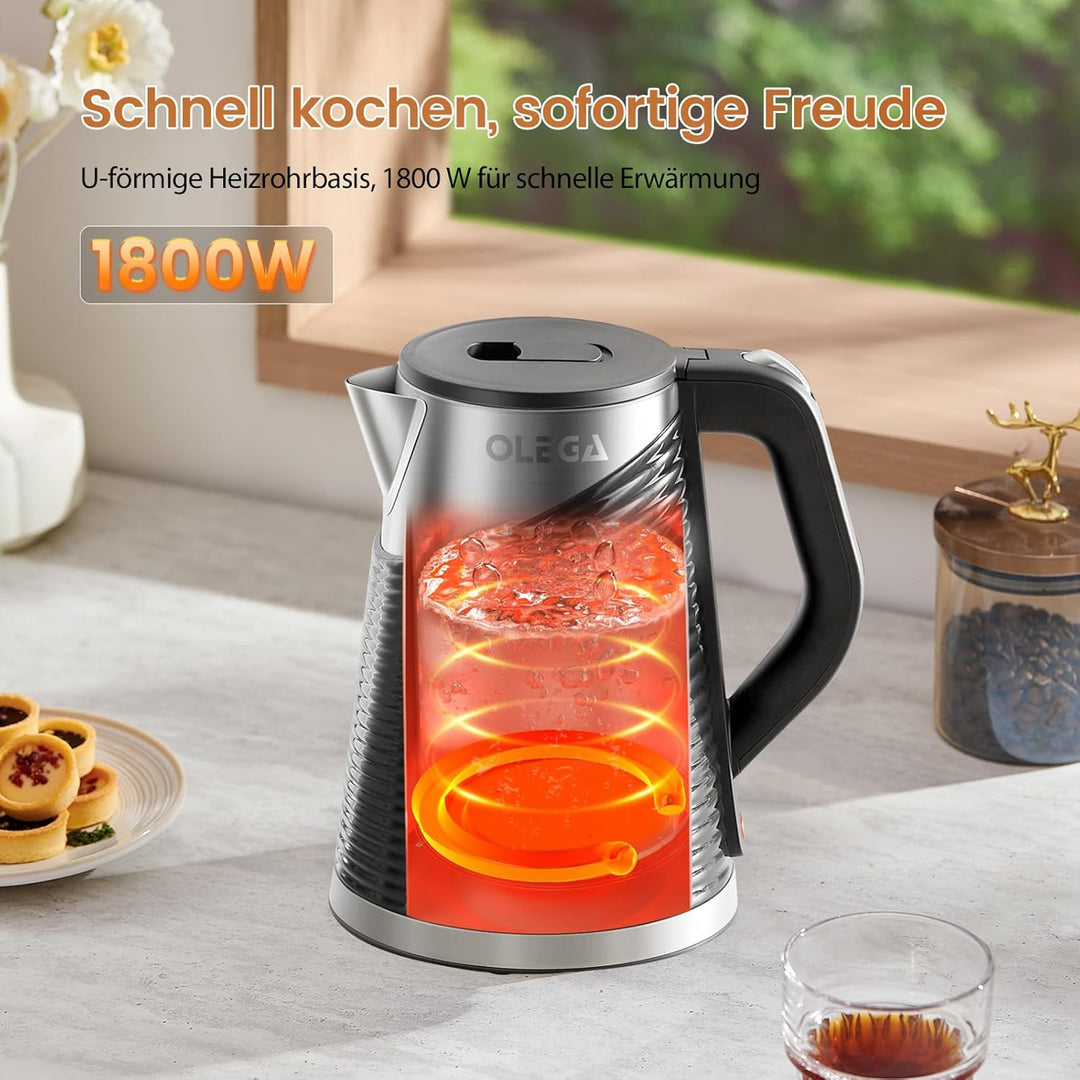 OLEGA Wasserkocher für kochendes Wasser, 1800 W, schnell kochender Heisswasserkessel, 1,8 l tragbare