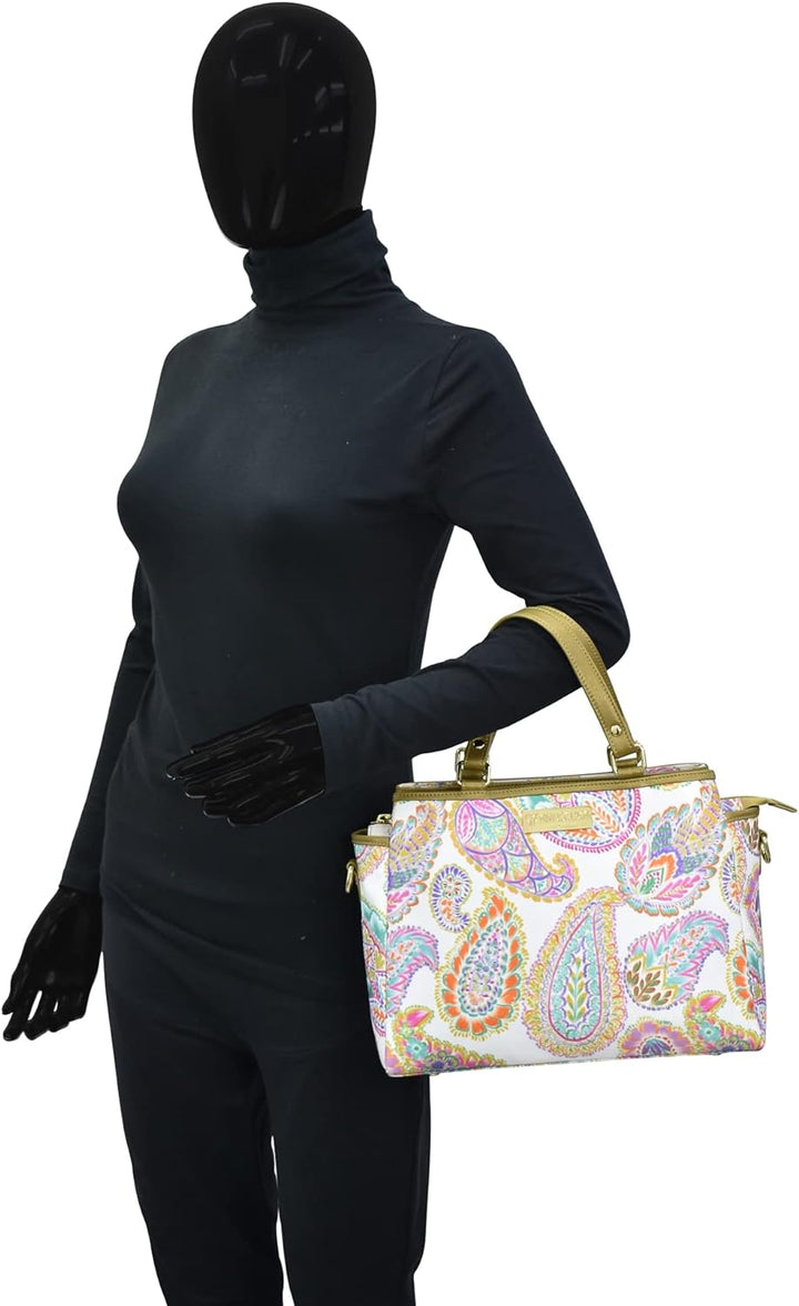 Anuschka Satchel mit Fächern - Wanderlust Kollektion - Nylonstoff mit Leader Trim und Kunstdruck Boh
