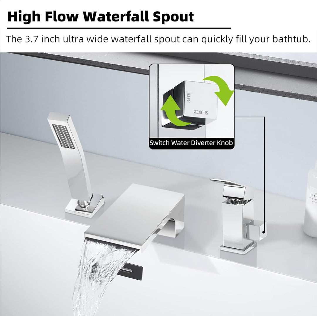 SHANFO 3 Loch Wannenrandarmatur Wasserfall, 3 Loch Badewannenarmatur mit Handbrause,Einzelgriff Wann
