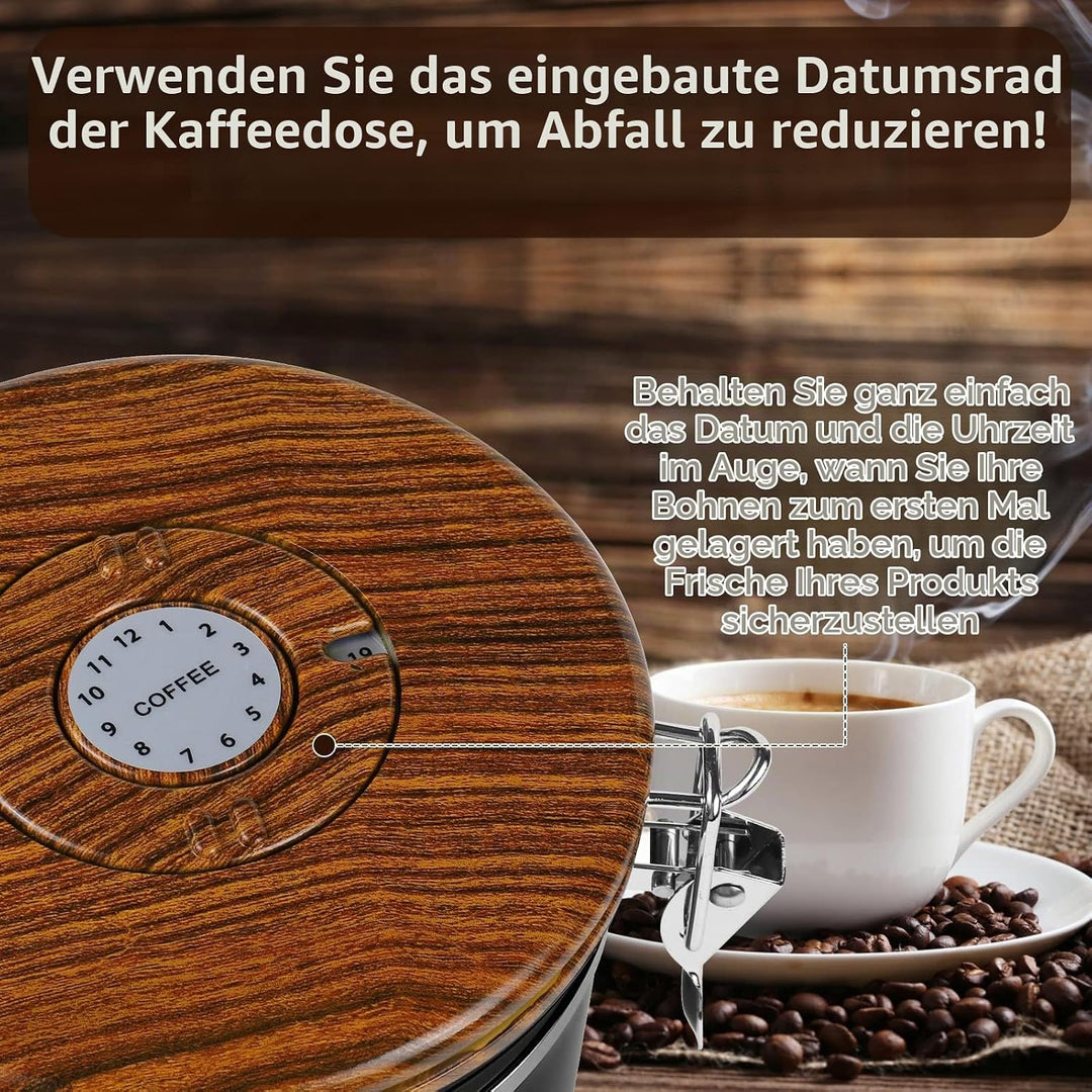 ZWOOS Kaffeedose Luftdicht 1kg Bohnen - Kaffeebohnen Behälter aus Edelstahl mit Messlöffel Deckel au