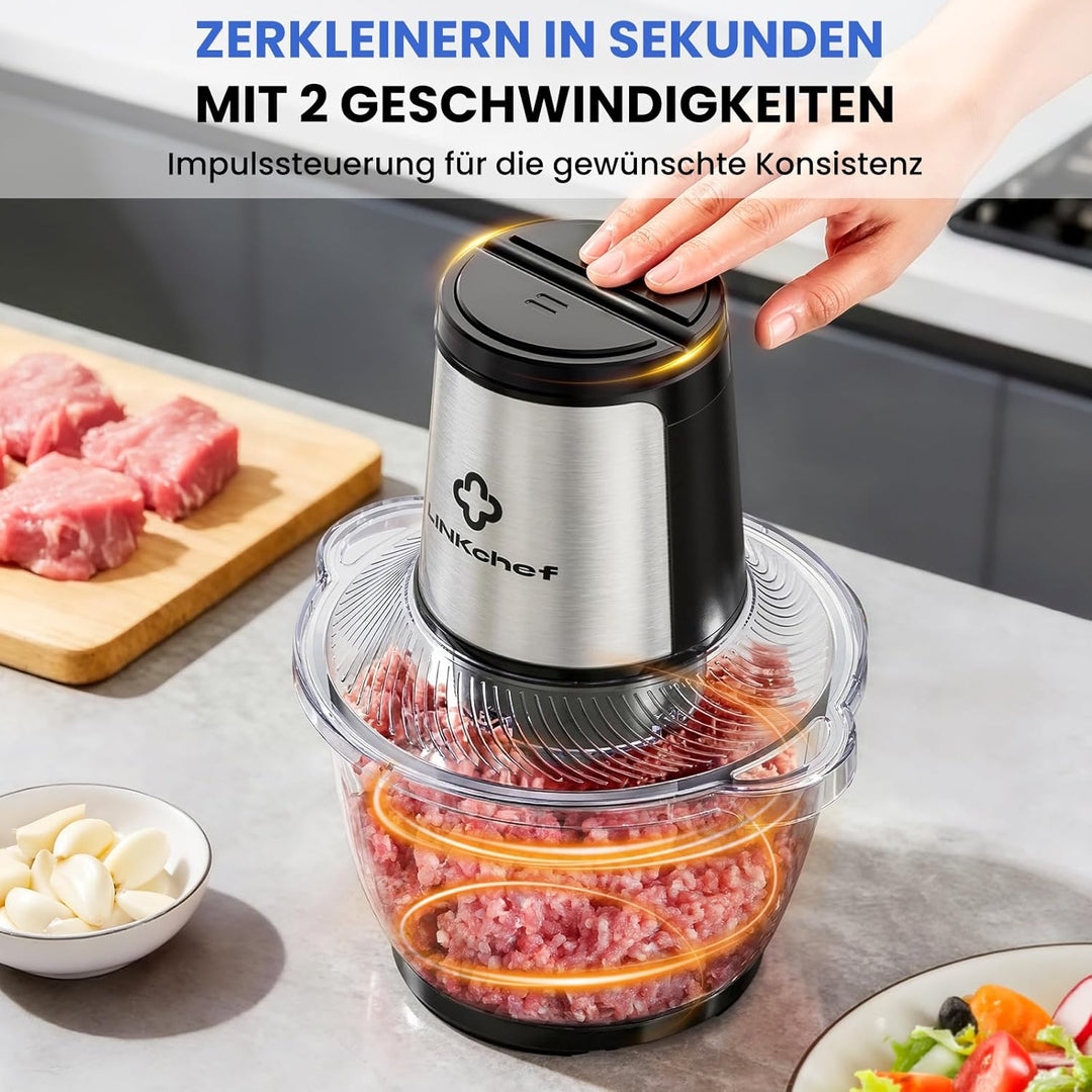 LINKChef Zerkleinerer Elektrisch 1,5L Glasbehälter, 2 Stufen, 3 Edelstahlklingen – Universalzerklein