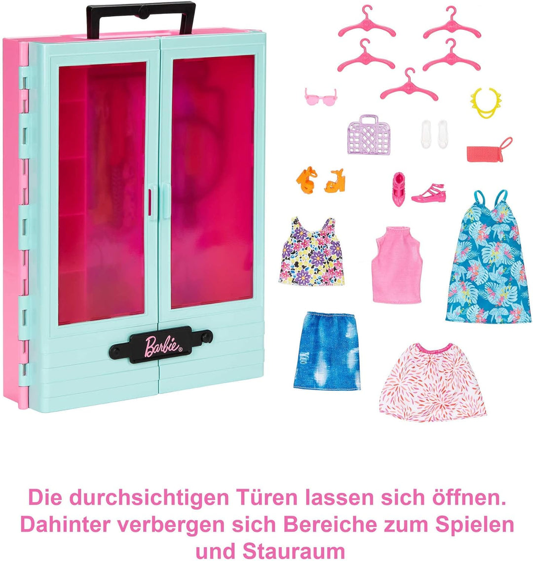Barbie Kleiderschrank mit Kleidung und Accessoires, Garderobenschrank mit Falttüren und Tragegriff,