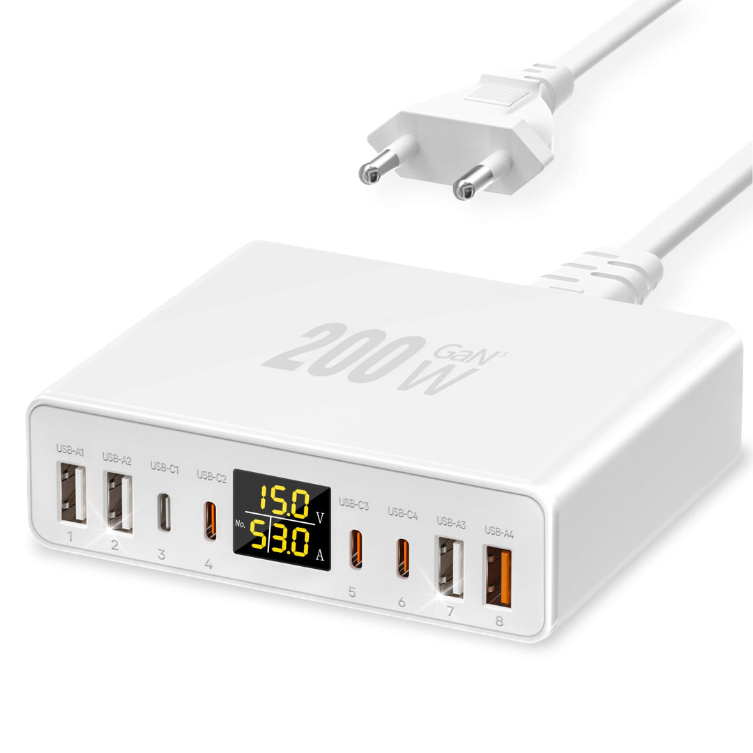 USB C Ladegerät Mehrfach 8-Port mit LED Anzeige, YSYFAD 200W GAN USB Ladestation PPS PD Type C Netzt