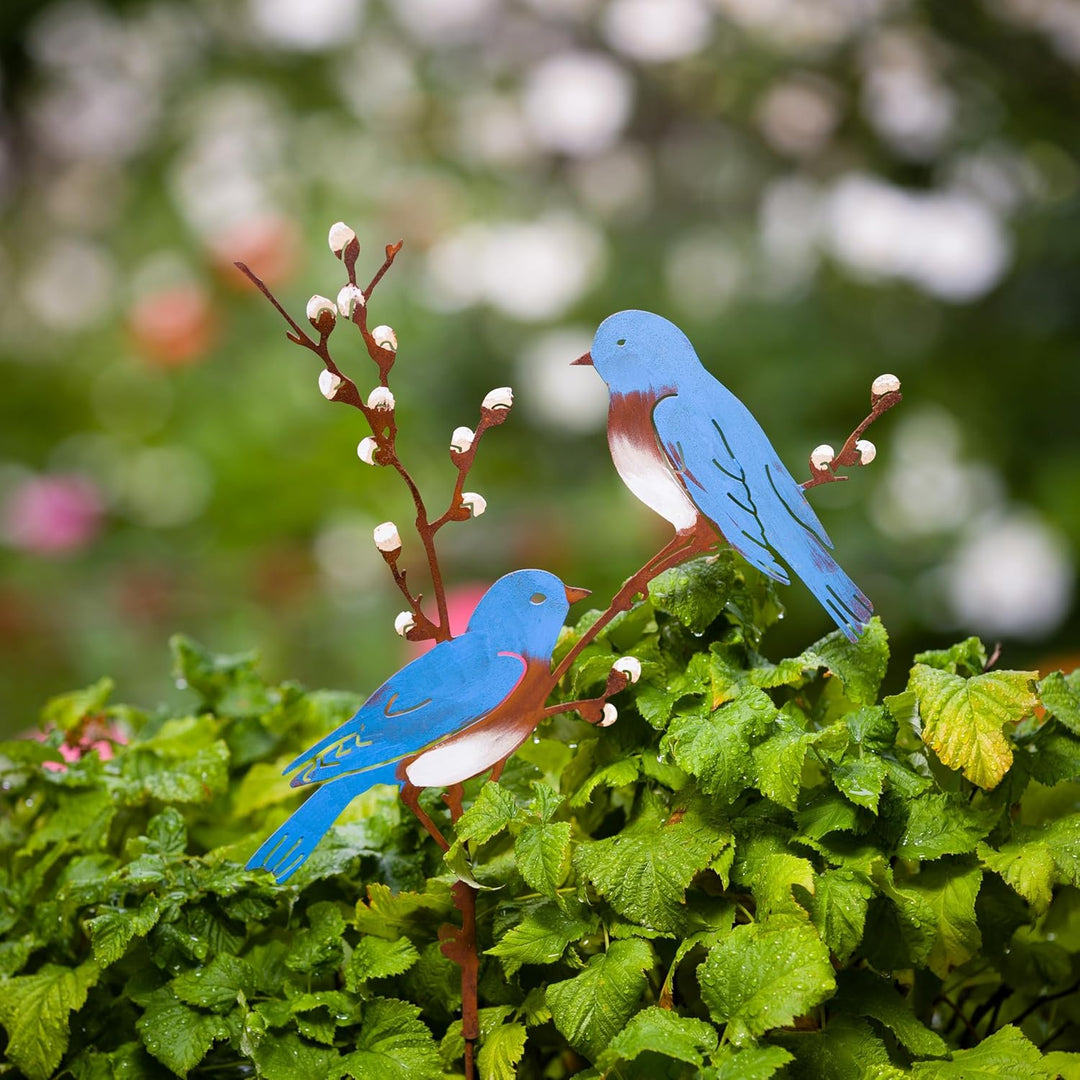 Vogel Gartenstecker 58cm Hoch Metall Bemalte Vogel Gartendeko für Draussen, Blaue Vögel auf Zweigen