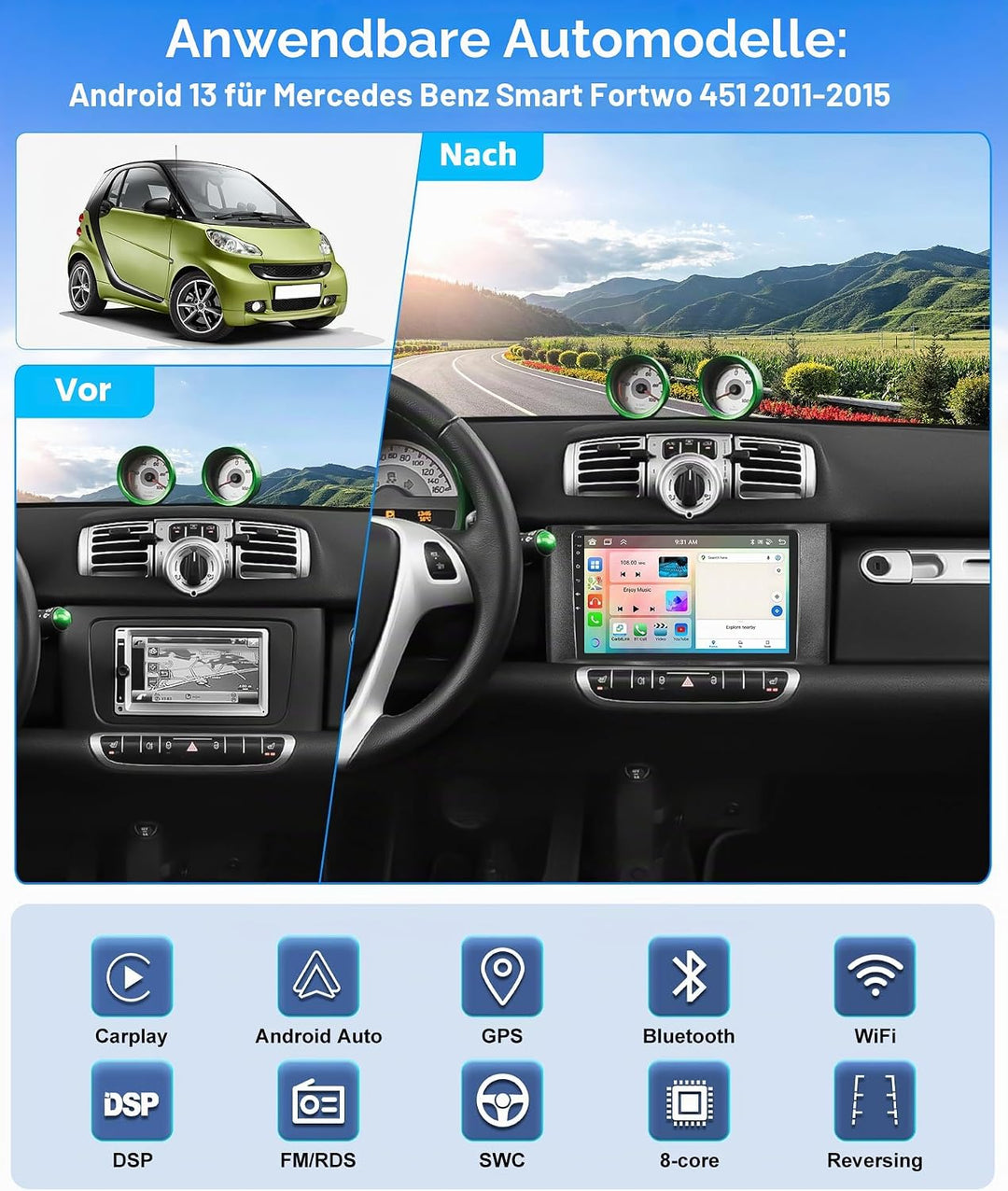 6+128G 8-Kern Android 15, CAMECHO 9 Zoll Navi Autoradio für Mercedes-Benz Smart Fortwo 2011-2015 mit