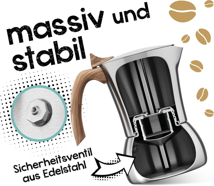 FLOW Premium Edelstahl Espressokocher mit Reduziersieb für 3 bis 6 Tassen 300ml - Espressomaker indu