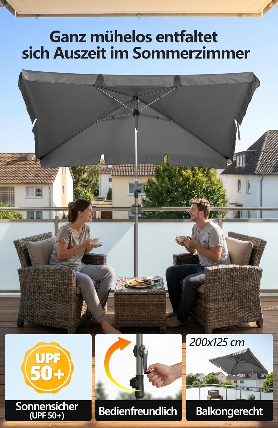 Menz SunnyShade Balkonschirm Roma mit Schutzhülle, Anthrazit, Sonnenschirm Balkon 200x125 cm, Sonnen