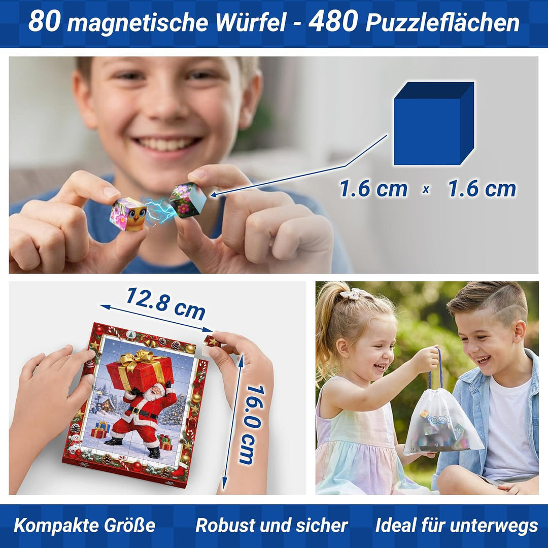 TOSY Picture Cube Playful Santa: 6-in-1 magnetisches Bilderpuzzle, 80 Blöcke, 480 Puzzleflächen, 0.6