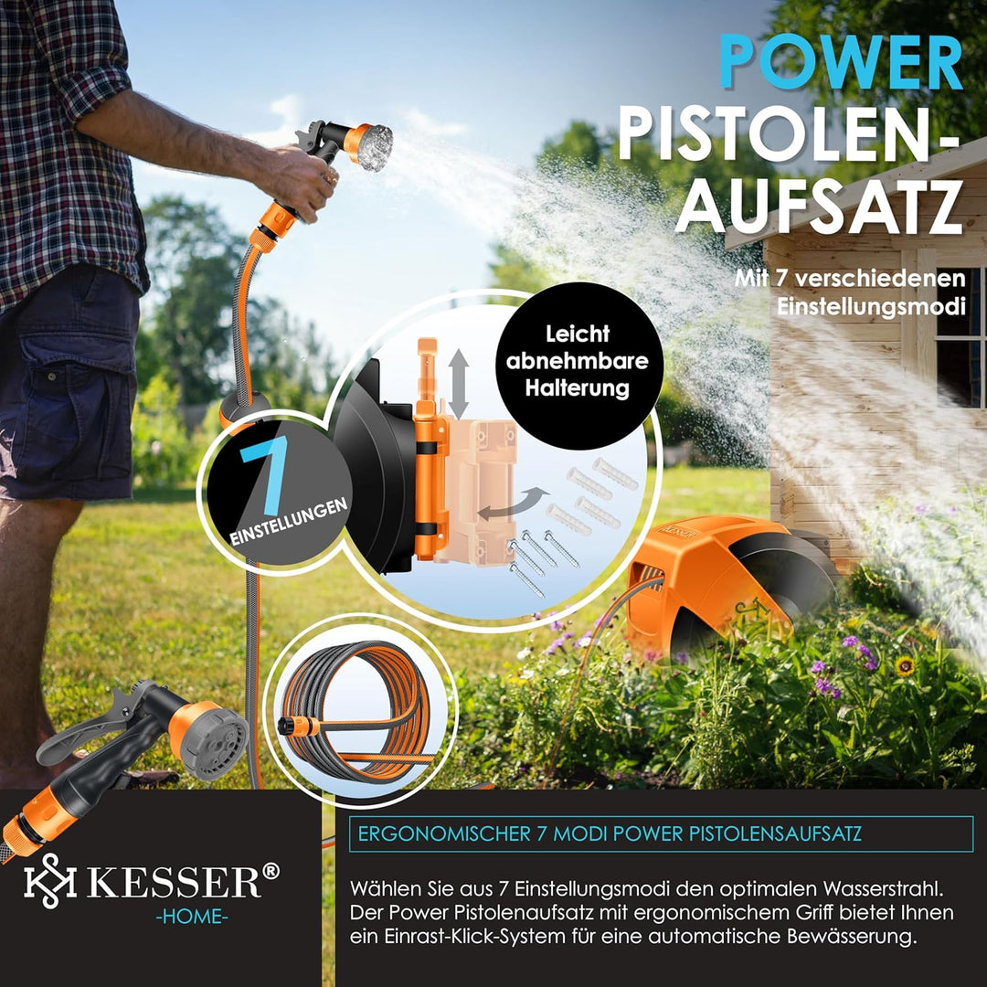 KESSER® Schlauchtrommel mit Gartenschlauch 30m | Wasserschlauchtrommel zur Wandmontage | Wandhalteru