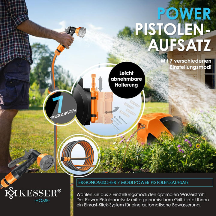 KESSER® Schlauchtrommel mit Gartenschlauch 15m | Wasserschlauchtrommel zur Wandmontage | Wandhalteru