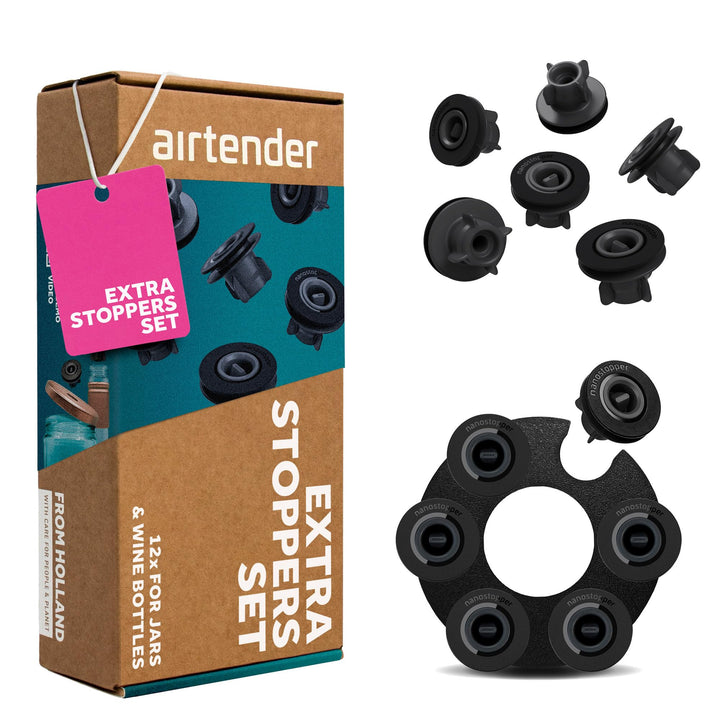 Airtender Set Extra Nanostopper (schwarz, 12-tlg. Wein Vakuum Nanostopper, Wein frisch halten, für K
