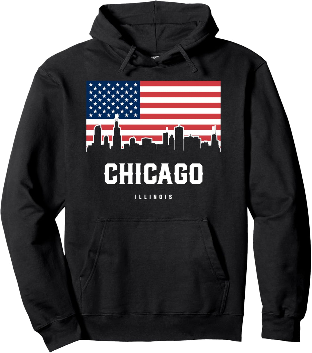 Chicago Skyline + USA Amerikanische Flagge, United Love Strong IL Pullover Hoodie