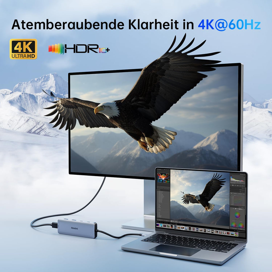 USB C Hub für MacBook, USB-C Adapter Multiport 10 in 1 mit 4K 60Hz HDMI, 100W PD, SD/microSD Kartenl