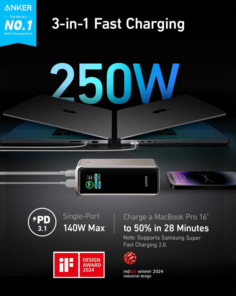 Anker Prime Powerbank, 27.650mAh (250W) 3-Port Powerbank, Mit App, Kompatibel mit MacBook Pro/Air, i