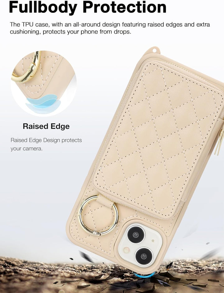 ELTEKER für iPhone 15 Hülle mit Kartenfach Reissverschlussgeldbörse und Ringhalter, Schutzhülle Hand