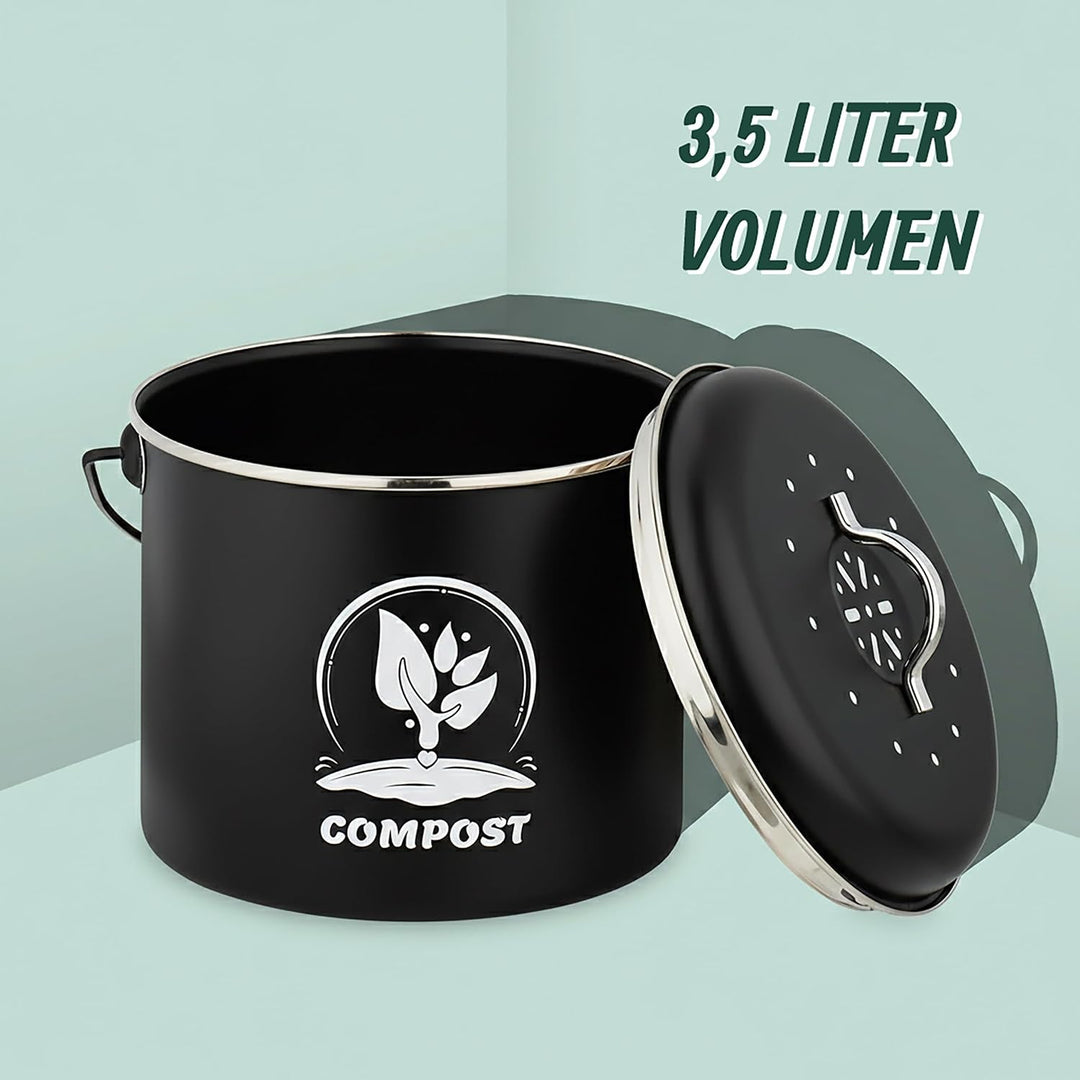 Relaxdays Komposteimer Küche, 3,5 Liter, 2 Aktivkohlefilter, mit Deckel, Henkel, Eisen, Biomüllbehäl