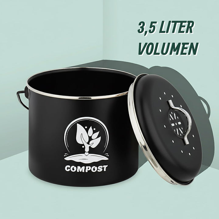 Relaxdays Komposteimer Küche, 3,5 Liter, 2 Aktivkohlefilter, mit Deckel, Henkel, Eisen, Biomüllbehäl