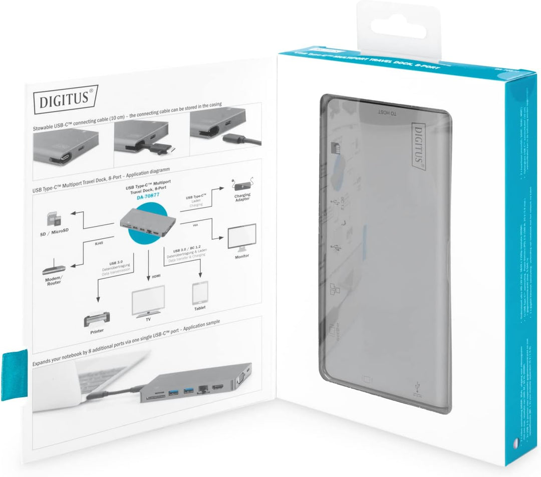DIGITUS USB-C Travel Docking Station – 8 Ports – 1x HDMI, 1x VGA (4K@30Hz) – 2x USB 3.0 / USB 2.0, 1