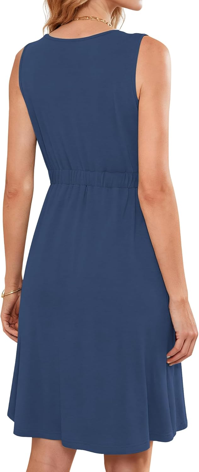 AUSELILY Sommerkleid Damen Ärmellos V-Ausschnitt Minikeid Casual Button Down Strandkleid mit Taschen