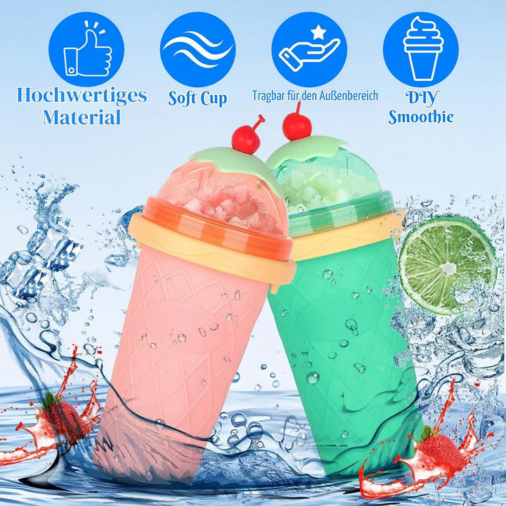 2er Set DIY Slush Becher, Silikon Squeeze Cup mit 2-in-1 Strohhalm und Löffel, Slush Eis Becher zum