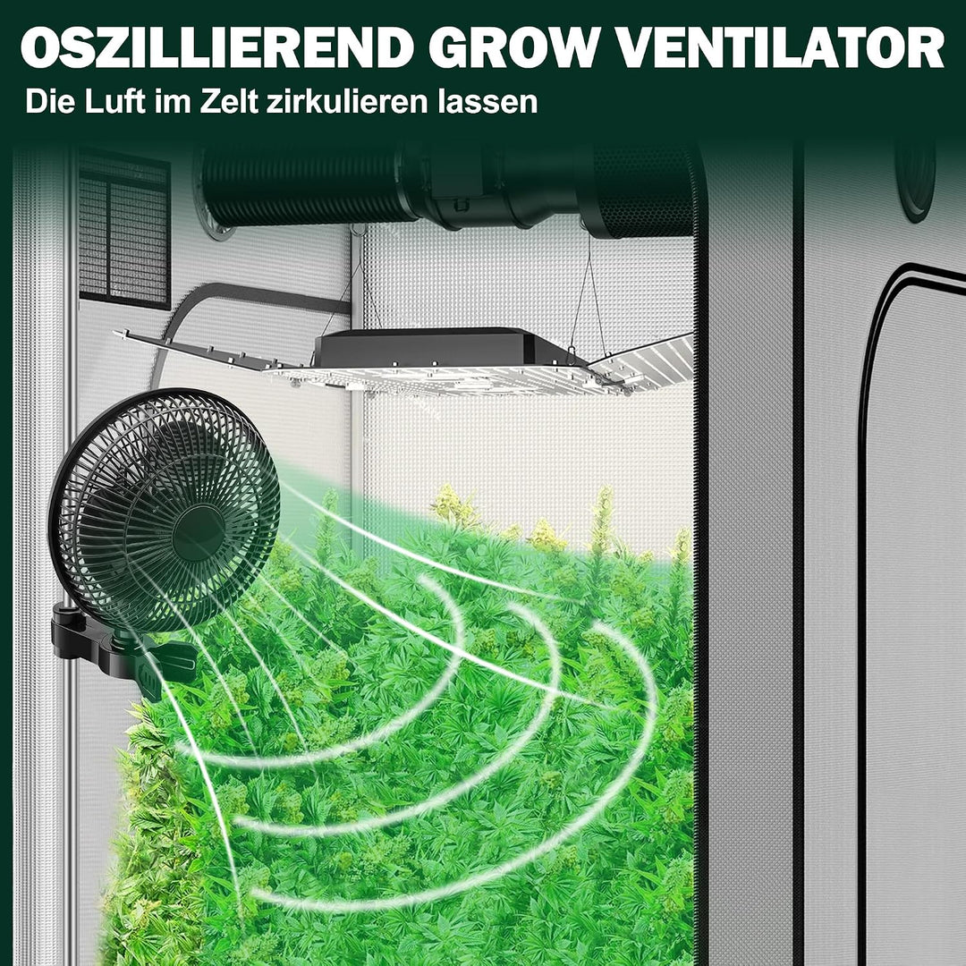 2 Stück Clip Ventilator 220mm für Grow Zelte, 2 Oszillationsstufen | Ventilator, oszillierend, 2 Ges