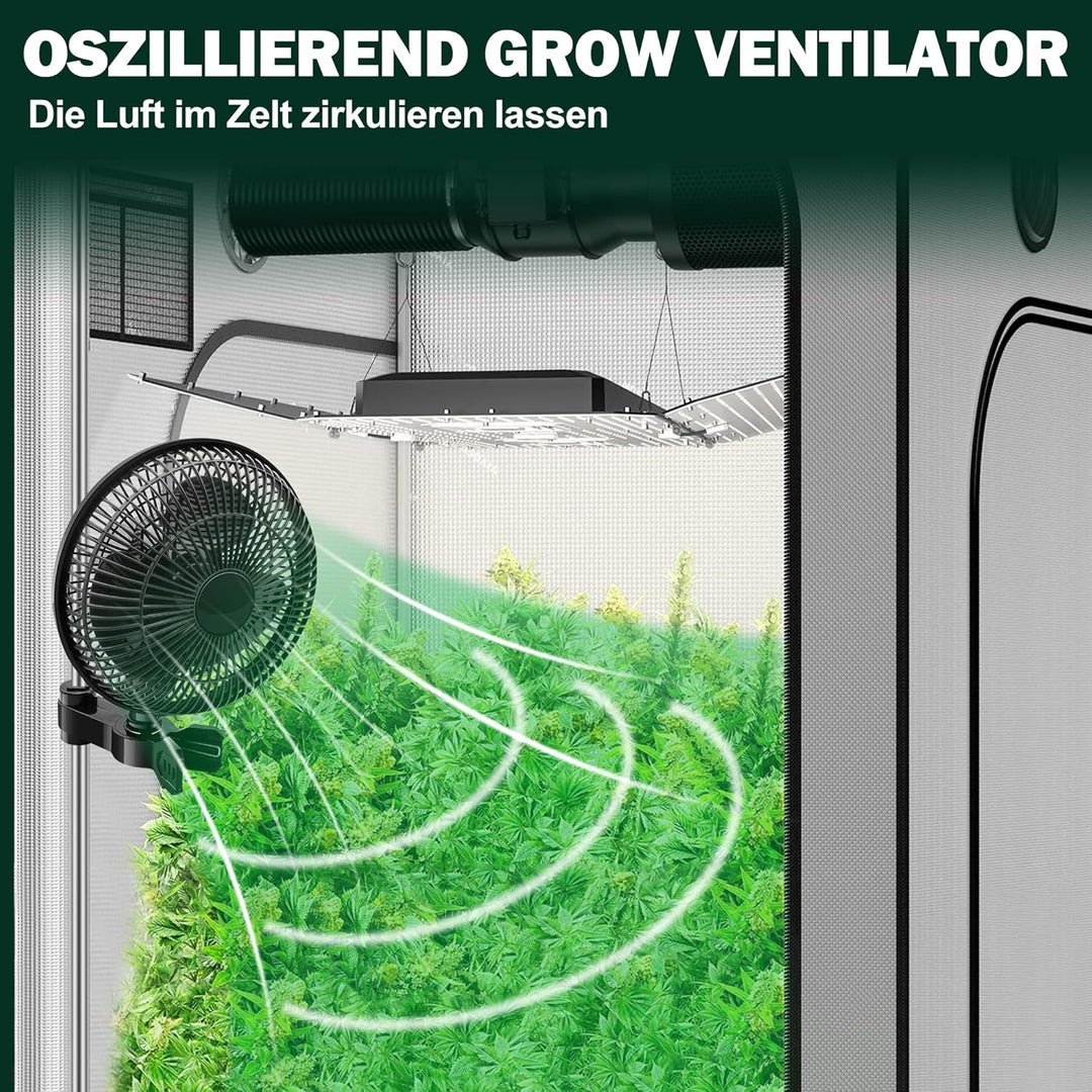 2 Stück Oszillierender Clip Ventilator, 2 Geschwindigkeitsstufen Grow Ventilator, 25W Oszillierender
