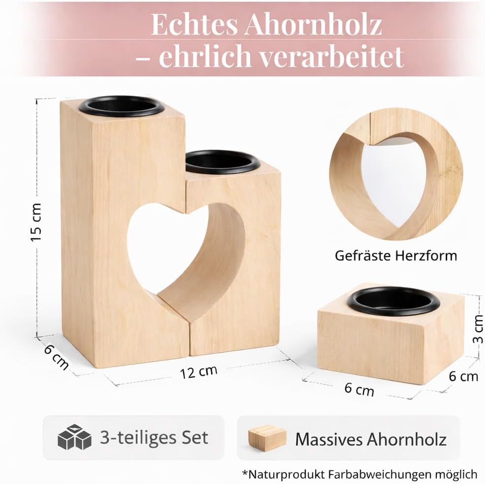 Plogis Herz Teelichthalter aus Holz -Set aus 3 Dekorativen Kerzenständern | Herz Deko & Romantische